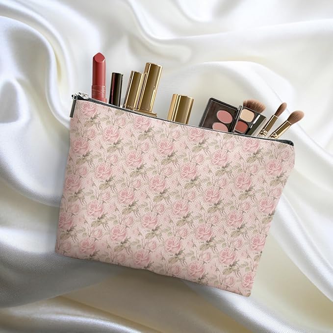 2pcs Pink Vintage Roses Floral Makeup Bag, Pink Coquette Roses Flower Cosmetic Bag Rose Gifts for Women Female Girls Sister BFF Nature Lover, Travel Zipper Pouch Christmas Thanksgiving Birthday Gifts