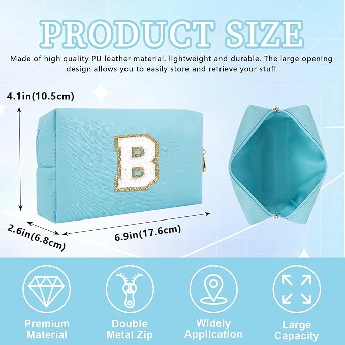 Personalized Initial Letter Patch Makeup Bag, Preppy Portable Chenille Cosmetic Bag with Zipper, PU Leather Waterproof Travel Toiletry Bag Monogram Make Up Pouch for Women Girls