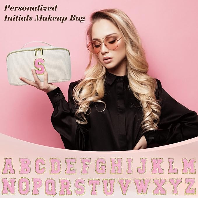 Personalized Initial Makeup Bag,Christmas Gifts for Girl,Preppy Bag Cosmetic Travel Bag Women,Travel Toiletry Organizer,Large Capacity Corduroy Stuff Bag,Cute Cosmetic Pouch Skincare Bag-X