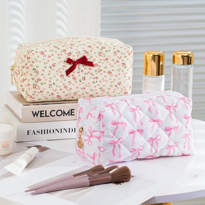 Makeup Bag Travel Toiletry Bag for Women, Small Cosmetic Bags Cute Quilted Cotton Makeup Pouch for Purse Emergency Bag for School Floral Pencil Case Accessory Bag, Ribbon Bow