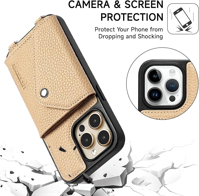 LUCKYCOIN Crossbody Wallet Phone Case for iPhone 14 Pro Max,100% Genuine Leather Wallet Phone Case with Expandable Flip Card Holder,Phone Purse for Women with Adjustable Removable Strap - Pebble Beige