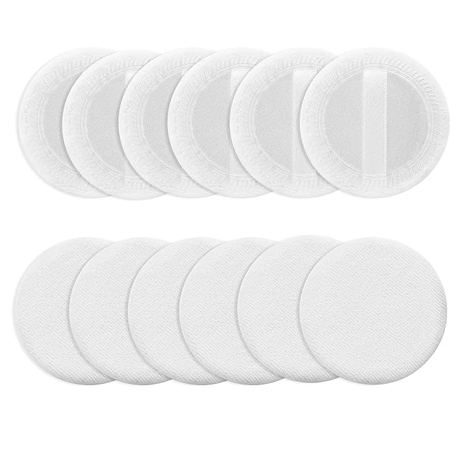 Sibba Loose Powder Puff 12 Pieces Round Velour Face Makeup Compact Body Container Setting Pressed Blending Foundation Cream Make Up Ribbon Strap Sponge Cushion Applicator (White)