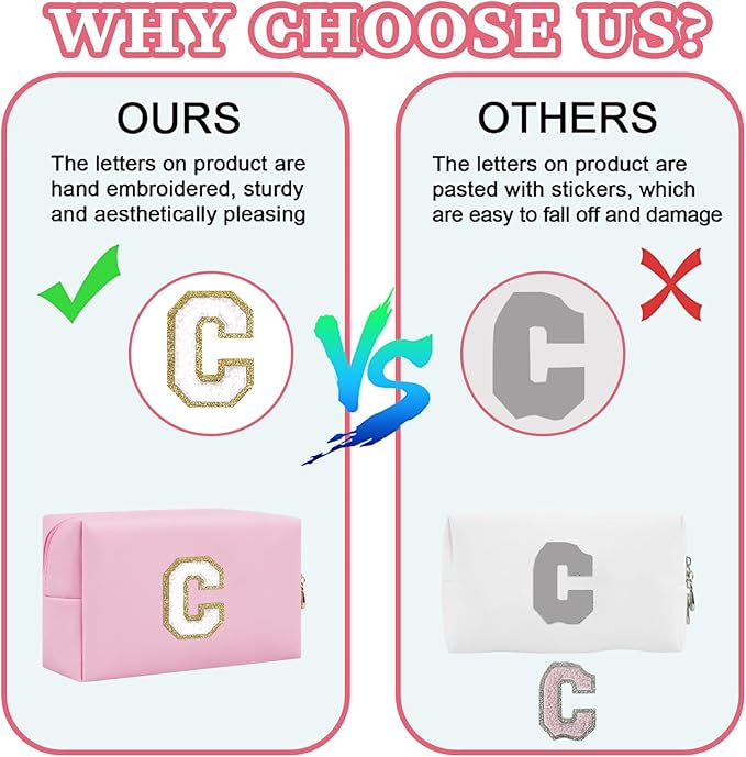 Iqimott Personalized Initial Letter Patch Makeup Bag, Preppy Portable Chenille Letter Cosmetic Bag with Zipper, PU Leather Waterproof Travel Toiletry Bag Monogram Make Up Pouch Girls(Letter N)