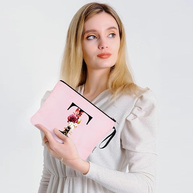 Vavabox A-Z Personalized Makeup Bag, Birthday Gifts for Women Mom, Gifts for Best Friend, Bride Bridesmaid Cosmetic bag (T, Pink)