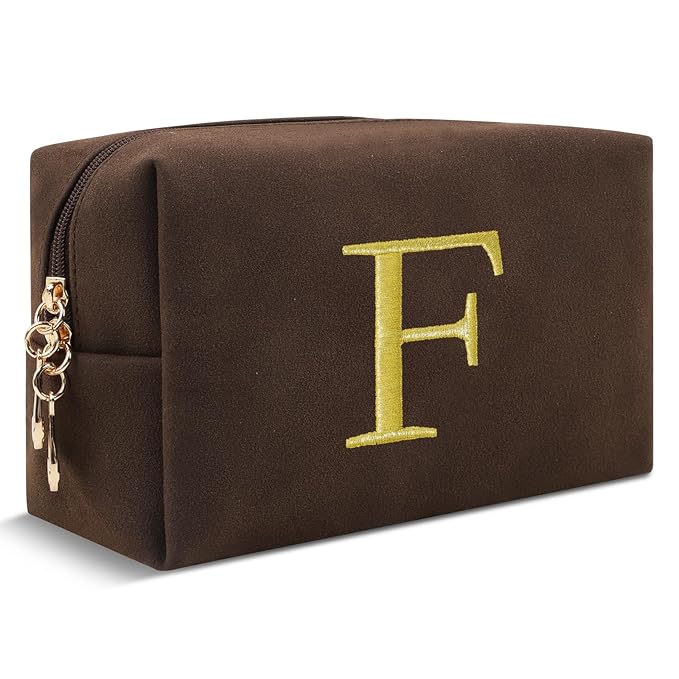 Personalized Initial Makeup Bag,Preppy Suede Cosmetic Bag for Teen Girls,Small Monogram Travel Toiletry Bag With Gold Embroidered Letter,Trendy Stuff Custom Christmas Gift for Women(Coffee-F)