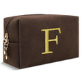 Personalized Initial Makeup Bag,Preppy Suede Cosmetic Bag for Teen Girls,Small Monogram Travel Toiletry Bag With Gold Embroidered Letter,Trendy Stuff Custom Christmas Gift for Women(Coffee-F)