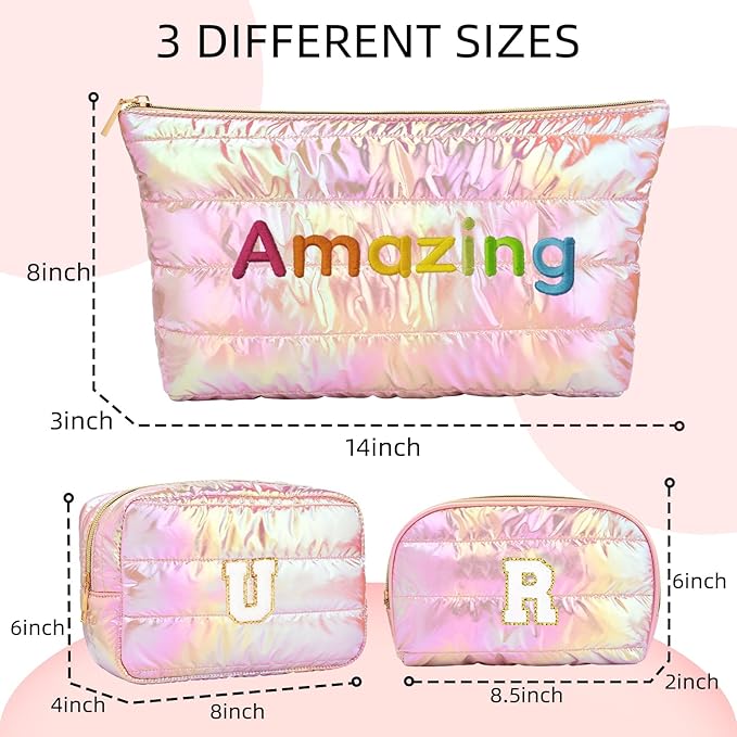 Hiroyuki Iridescent Quilted Makeup Bag, 3pcs Cosmetic Bag Set, Large Capacity Travel-Friendly Pouch (URAmazing, pink)