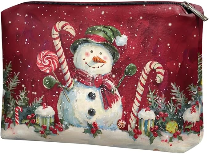 COEQINE Christmas Snowman Candy Make Up Pouches for Women Leather Organizer Cosmetic Bags Waterproof Vegan Leather Toiletry Bags Travel Essentials Pouch Mini Wallet Clutch Handbags