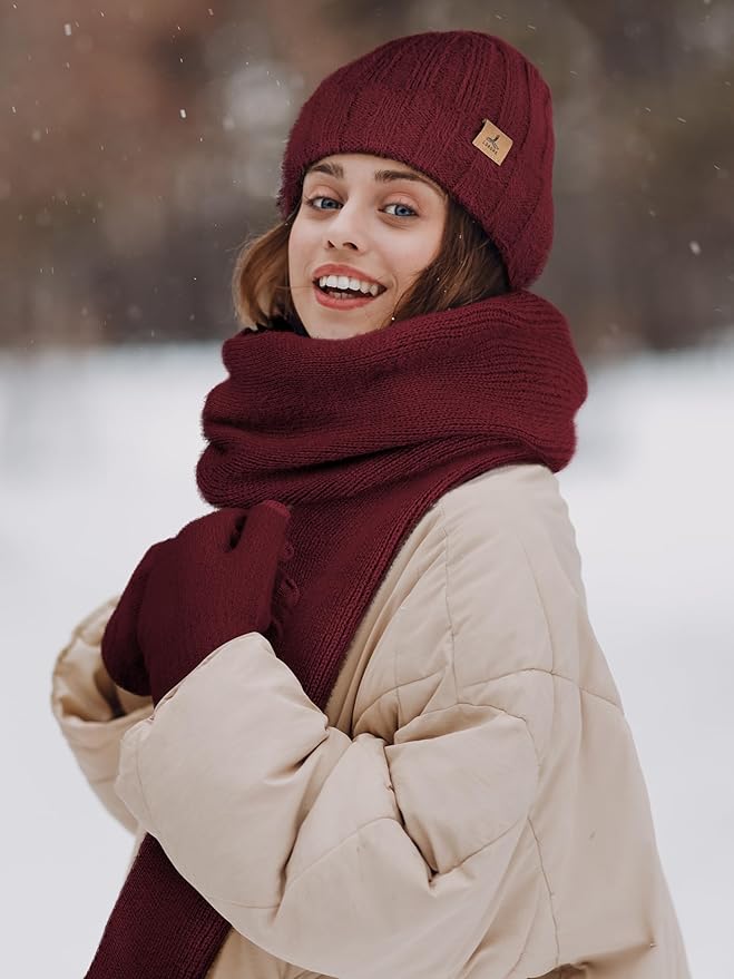 Winter Beanie Hat Scarf Gloves, Warm Fleece Knit Hat Long Scarf Neck Warmer Touch Screen Winter Gloves Set Gifts for Women