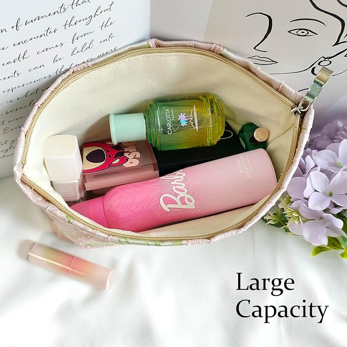 STARDW Aesthetic Floral Makeup Bag Cute Small Cosmetic Bags for Women Girls, Travel Toiletry Bag Large Capacity Zipper Makeup Pouch, Purse Organizer Pouches (Embossed Rose)