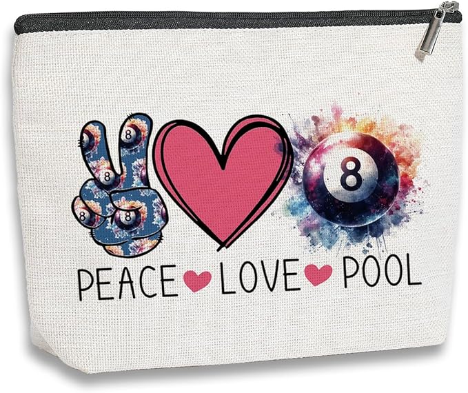 Billiards Gifts Billiards Lover Gifts Billiards Cosmetic Makeup Bag Pool Player Gift Cue Sports Merchandise Peace Love Lucky 8 Pool Travel Toiletry Makeup Organizer Zipper Pouch
