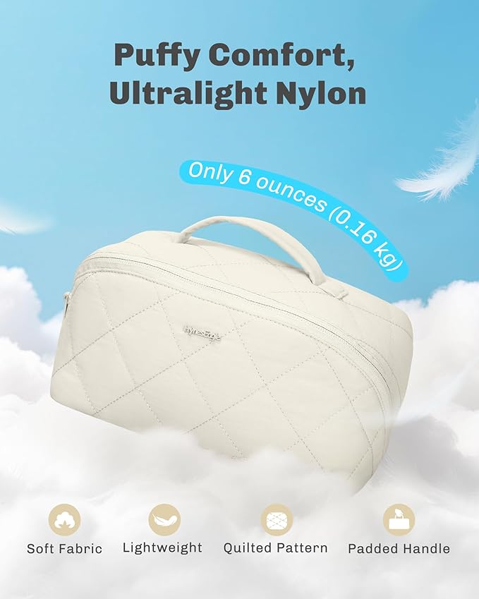 Hynes Eagle Travel Makeup Bag for Women Puffy Cosmetic Organizer Pouch Open Flat Toiletry Bag for Toiletries, Brushes Beige