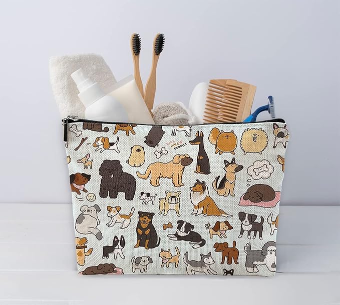 Sufamb Cute Dogs Doodle Art Makeup Bag, Funny Puppy Dog Pattern Cosmetic Pouch for Women Girls, Christmas Birthday Gifts for Dog Lovers Women Girls
