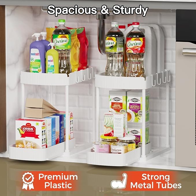 Ukeetap 2 Pack Multi-Purpose Pull-Out Storage Organizers, Under Sink & Cabinet Storage, 12.8 Inch, White (白色)