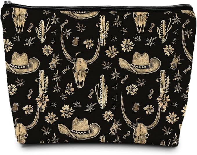 Boho Western Makeup Bag, Rustic Country Western Cow Skull Cactus Cosmetic Bags Gifts for Women, Southwestern Cowgirl Portable Travel Toiletry Bag Zipper Makeup Pouch