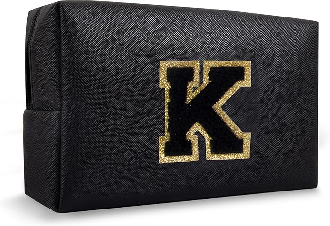 Personalized Small Preppy Makeup Bag, Chenille Letter Black Initial Cosmetic Zipper Pouch Toiletry Organizer, Waterproof PU Leather Make Up Storage Travel Essentials for Female Girl Teacher(Letter K)