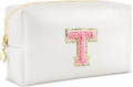 Initial Makeup Bag Personalized Preppy Travel Small Cosmetic Bag Cute PU White Chenille Letter Makeup Pouch for Purse Waterproof Zippered Toiletry Organizer for Women Girls Kids Friends (T)