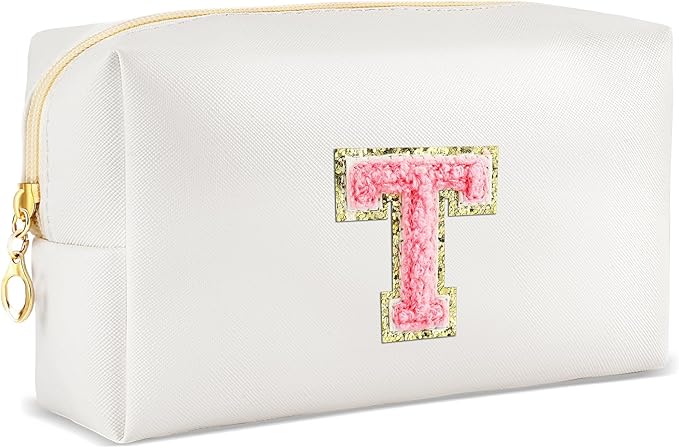 Initial Makeup Bag Personalized Preppy Travel Small Cosmetic Bag Cute PU White Chenille Letter Makeup Pouch for Purse Waterproof Zippered Toiletry Organizer for Women Girls Kids Friends (T)