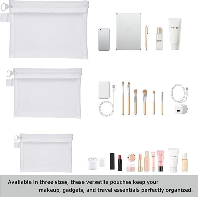 Quotidian Flat Clear Mesh Zippered Pencil Pouch White Travel Bag Makeup Organizer 3-Size Pack of 9 - Business Trip Fitness Purse Insert