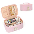 OCHEAL Makeup Bag for Women, Monogram Cosmetic Bag with Brush Holder, Pink Travel Makeup Case Beauty Toiletry Bag Organizer Personalized Gifts for Girls Bridesmaid, Sister, Wife, Friends Initial R