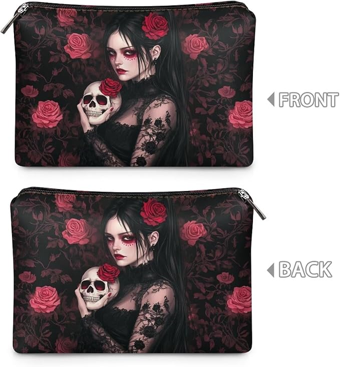 COEQINE Gothic Cosmetic Wallet for Women With Phone Holder Purse Cosmetic Handbag With Soft Leather Cosmetic Case With Zipper for Travel Portable Red Skull Print Cell Phone Purse,Love Gift for Her