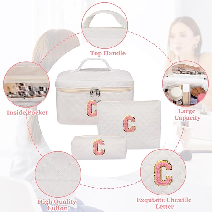 Initial Makeup Bag, Personalized Monogram Cosmetic Bag Set, Large Make up Bags | Travel Toiletry Bag | Makeup Bag for Girls Teen Girl Friend Sister Wife Girlfriend Gifts Daughter (Letter C)