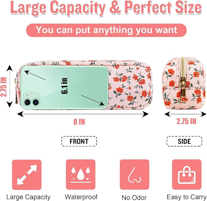 Nylon Small Floral Makeup Bag Slim Pouch, Preppy Cute Makeup Brush Bag Pink Makeup Bag Flower Cosmetic Zipper Pouch for Purse, Waterproof Travel Toiletry Bag Make Up Organizer for Women(Pink-Floral)