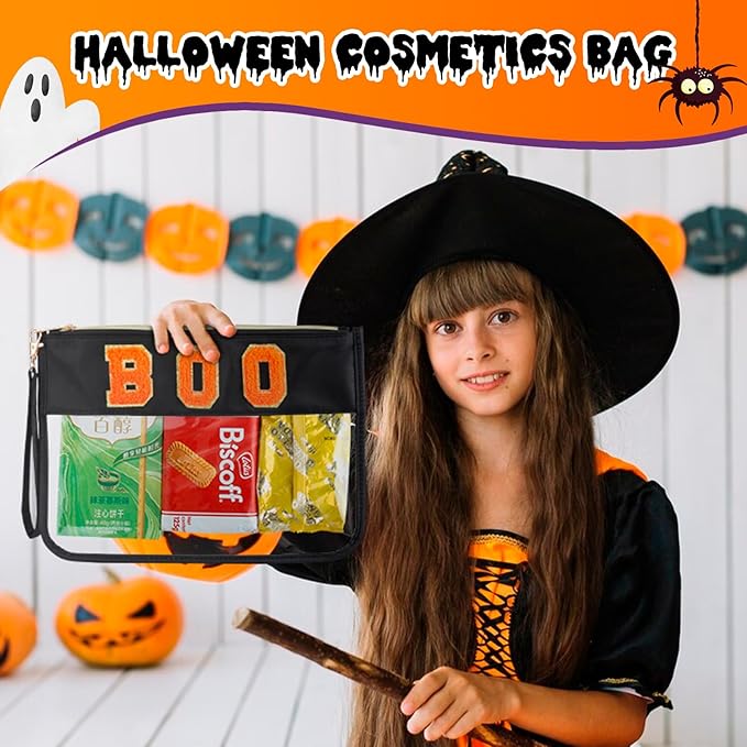2 Pcs Halloween Gifts Cosmetic Makeup Bag with Boo Chenille Letter Patch, Clear Pouch PVC Organizer Purse, Waterproof Travel Bag, Portable Toiletry Storage Bag for Her Girls Friends Women