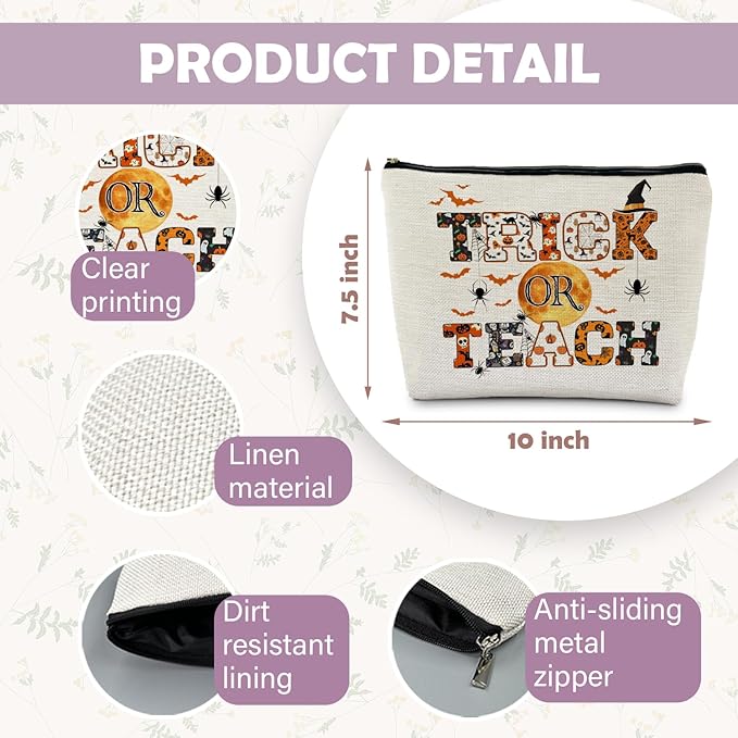Halloween Makeup Bag for Teacher, Halloween Teacher Gifts for Women, Halloween Spider Bat Cosmetic Bags for Women, Funny Trick or Teach Makeup Pouch, Halloween Funny Makeup Bag