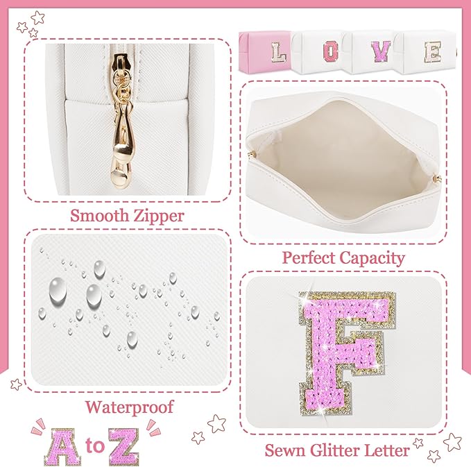 Personalized Initial Letter Makeup Bag, Preppy Glitter Letter Patch Cosmetic Pouch Zipper, PU Waterproof Travel Toiletry Bag Cute Makeup Organizer Monogrammed Make Up Bag, Gift for Women Girls