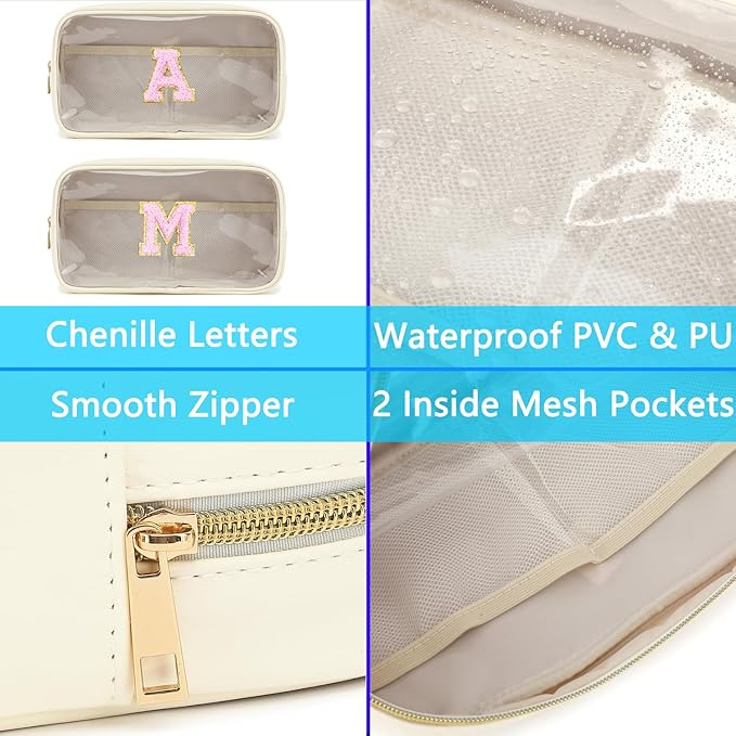 Clear Makeup Bag with 2 Customizable Chenille Letters - Waterproof PU Leather Cosmetic Case, Large Personalized Toiletry Pouch for Women & Teens, Ideal for Travel & Gift