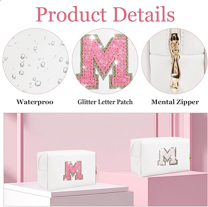 Glitter Initial Letter Makeup Bag, Small Personalized Sequins Letters PU Leather Cosmetic Bag Portable Waterproof Makeup Zipper Pouch, Shine Handbag Organizer Travel Bag Gifts for Women&Girls(White-M)