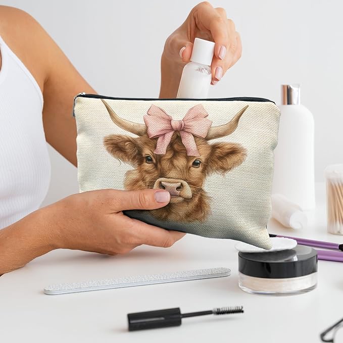 Highland Cow Makeup Bag - Pink Bow Cow Gifts for Women, Western & Cowgirl Gifts