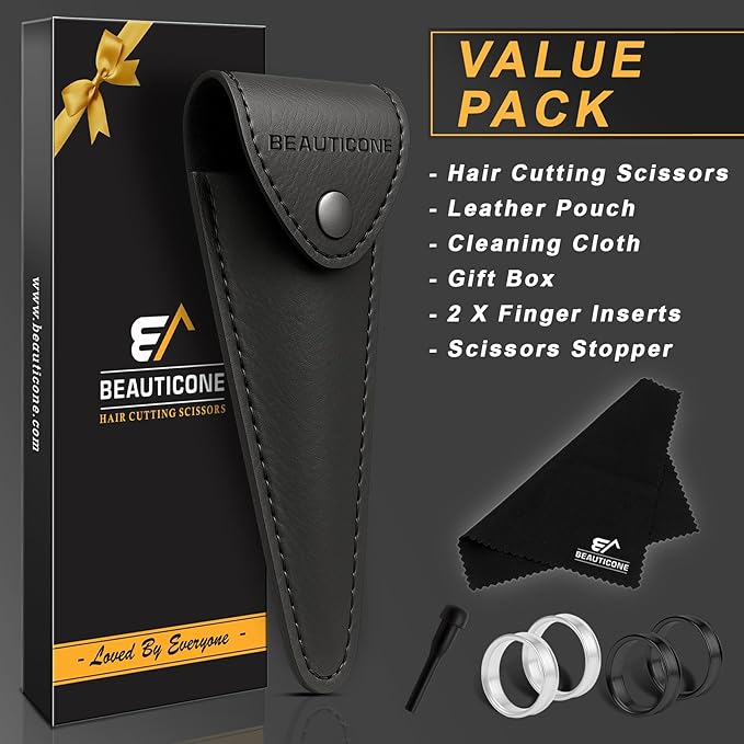 BEAUTICONE ® Hair Cutting Scissors - High Carbon SS 6.5" Professional Barber-Grade Salon Shears with Serrated & Razor Edge - Black Premium Gift Box with Leather Pouch & Extra Accs - Ultra Lightweight