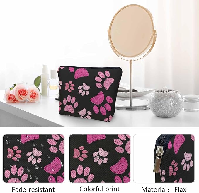 Women Cosmetic Bag Dog Paw, Pet Cat Paws Dog Prints Footprint Cute Makeup Bag For Purse Cosmetic Travel Bag For Toiletries Makeup Storage Bag Flax Skincare Bag Make Up Pouch Bags, Pink Black