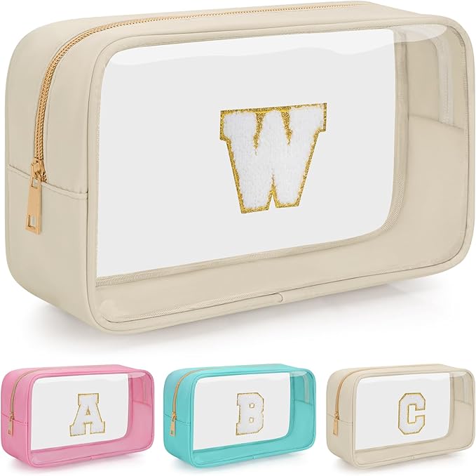 Personalized Initial Clear Makeup Bag, Travel Chenille Patch Cosmetic Bag, Preppy Toiletry Bag Monogram Cosmetic Pouch with Zipper, Ideal Gift for Teen Girls Women (Clear-Beige, W)