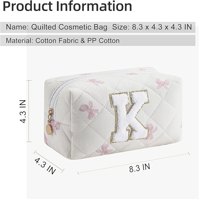 Gleyemor Personalized Initial Makeup Bag for Women, Cute Quilted Pink Floral Cotton Cosmetic Bag, Christmas Gifts for Her Mom Friend Sister Bridesmaid Teacher Women K