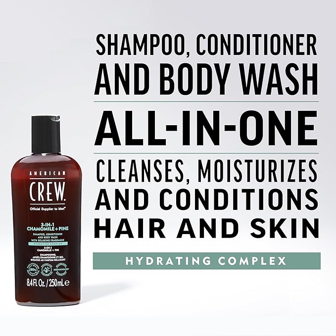 AMERICAN CREW 3-in-1 Chamomile & Pine, Shampoo, Conditioner & Body Wash for Men, Hair Care Gift for Him, Calming and Relaxing Fragrance, 33.8 fl oz