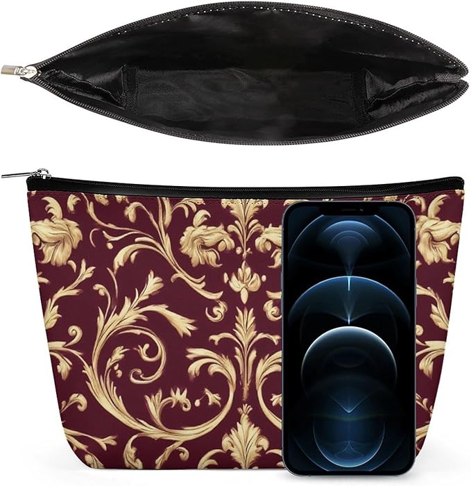 Fashion Zipper Cosmetic Case, Portable Makeup Case, Personality Toiletry Bag, Flower Maroon Gold Floral Classy Burgundy Antique Travel Cosmetic Toiletry Bag