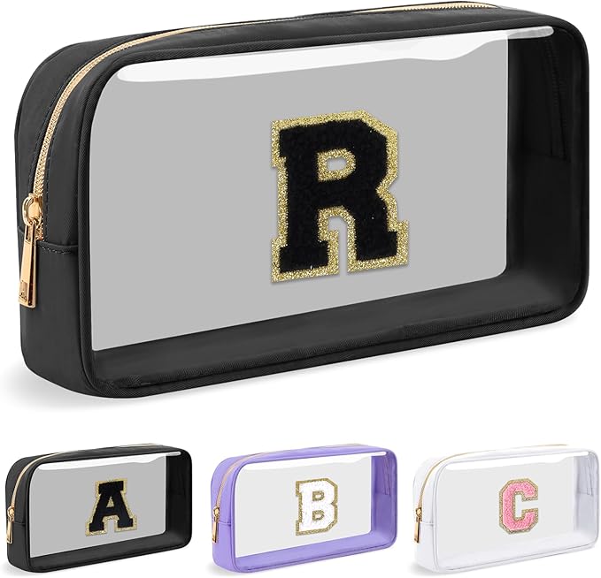 Personalized Initial Letter Clear Makeup Bag,Preppy Small Nylon&PVC Cosmetic Zipper Bag with Chenille Letter,Travel Skincare Toiletry Bag,Monogram Christmas Gift for Teen Girls Women,R