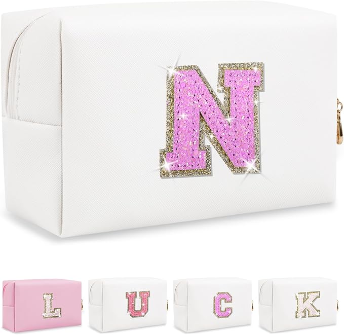 Personalized Initial Letter Makeup Bag, Small Glitter Letter Patch Cosmetic Pouch Zipper, Preppy Makeup Organizer PU Waterproof Travel Toiletry Bag, Monogrammed Birthday Gift for Women Girls