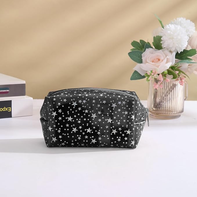 Yaopeing 2Pcs PVC Clear Makeup Bag Organizer for Women,Star Transparent Cosmetic Case Travel Toiletry Pouch with Zipper,Large Make Up Purse for Daily Accessory,Black