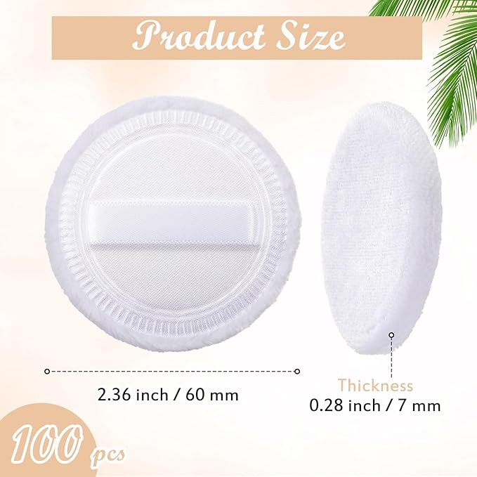 100 Pcs Cotton Powder Puff Washable 2.36 Inch White Round Cosmetic Face Powder Makeup Puffs with Ribbon Body Cosmetic