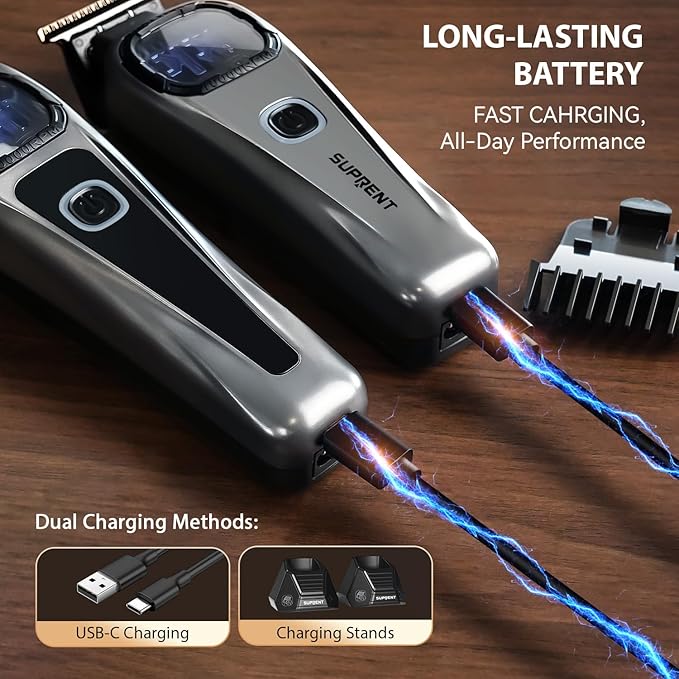 SUPRENT Professional Hair Clippers for Men - Cordless Barber Clippers & Zero-gapped Trimmer Set, Haircutting Kit with 10000 RPM Motor Speed, Blue Titanium-Coated Blades, Charging Stands (Gray)
