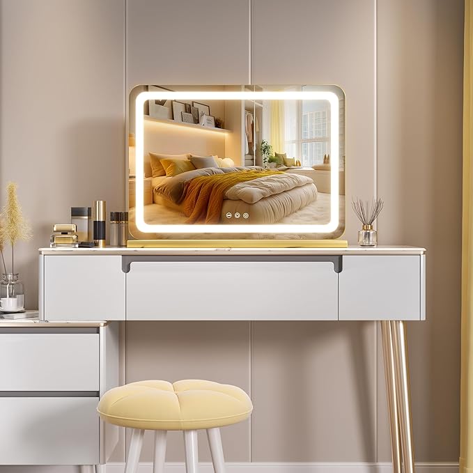 Hasipu Vanity Mirror with Lights, 27.6" x 20" LED Makeup Mirror, Lighted Makeup Mirror with Dimmable 3 Modes, Touch Screen Control Vanity Mirror Round Gold