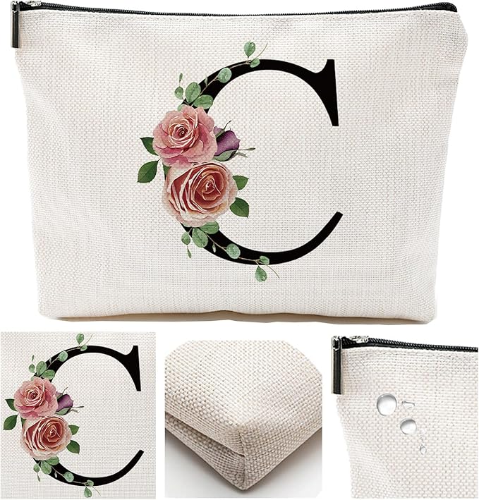 Initial A-Z Personalized Letter Makeup Bag, Monogrammed Bridesmaid Gifts/Presents Cosmetic Bag, Portable Stationery Storage Organizer Pouch, Friendship Love Travel Makeup Bags