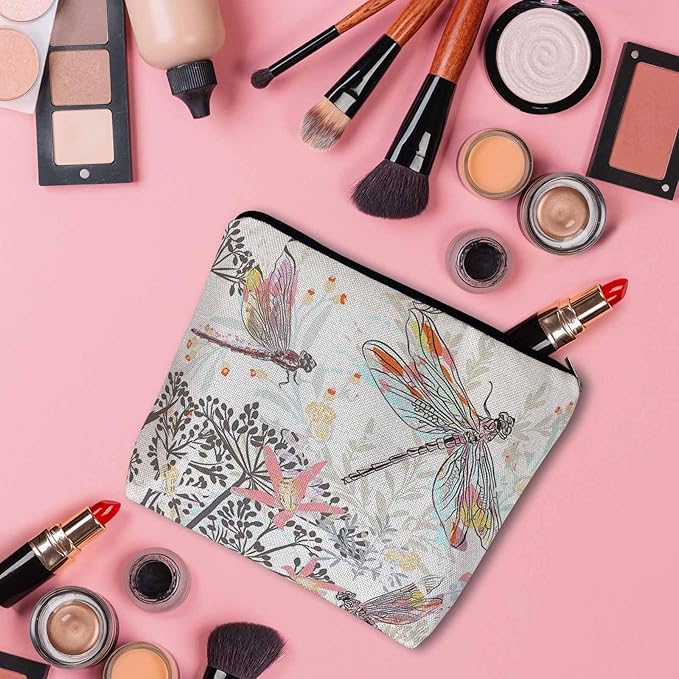 Makeup Bag For Purse Dragonfly, Garden Dragonflies Flowers Nature Cosmetic Bags For Women With Zipper Travel Toiletry Pouch Makeup Bags Makeup Organizers Purse For Toiletries Cosmetics