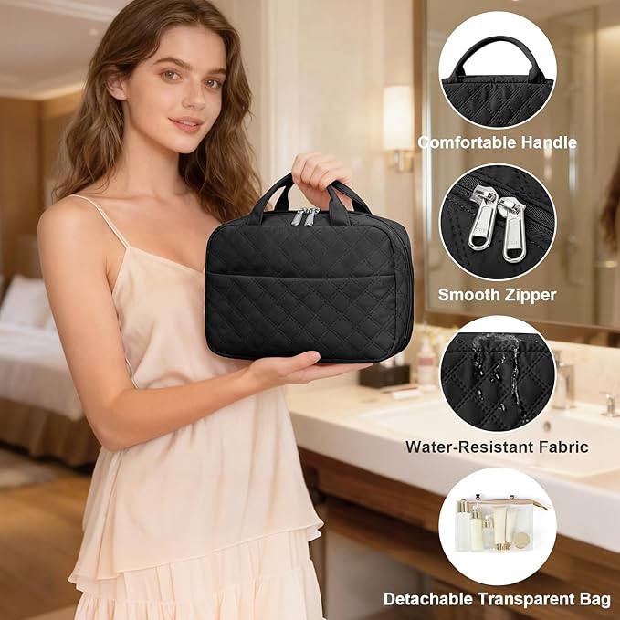 Travel Toiletry Bag For Women Small Hanging Toiletry Travel Makeup Bag lightweight Water-Resistant Toiletries Organizer case portable Cosmetic Bags For Women Black