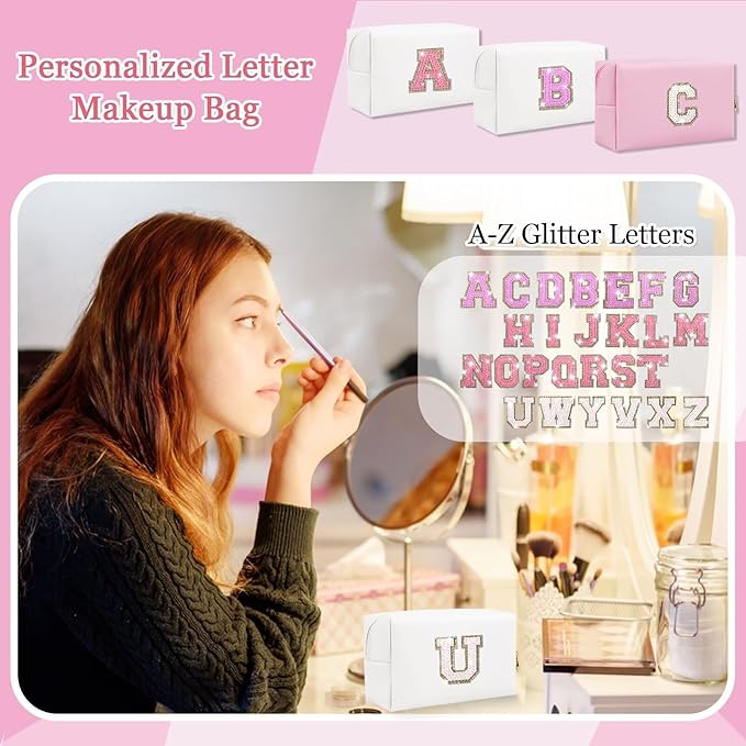 Small Personalized Glitter Initial Letter Makeup Bag, Cute PU Leather Chenille Letters Cosmetic Bag Travel Makeup Pouch, Preppy Travel Organizer Zipper Pouch for Women&Girls（White-U）