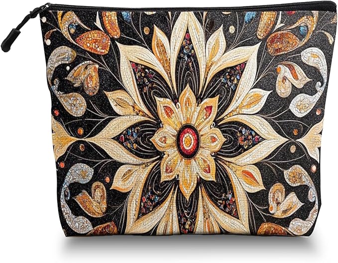 Cosmetic Bags Travel Makeup Toilet Case Waterproof Pouch for Women Girls 6.7X9.45inches - Symmetrical Gold Flower Pattern